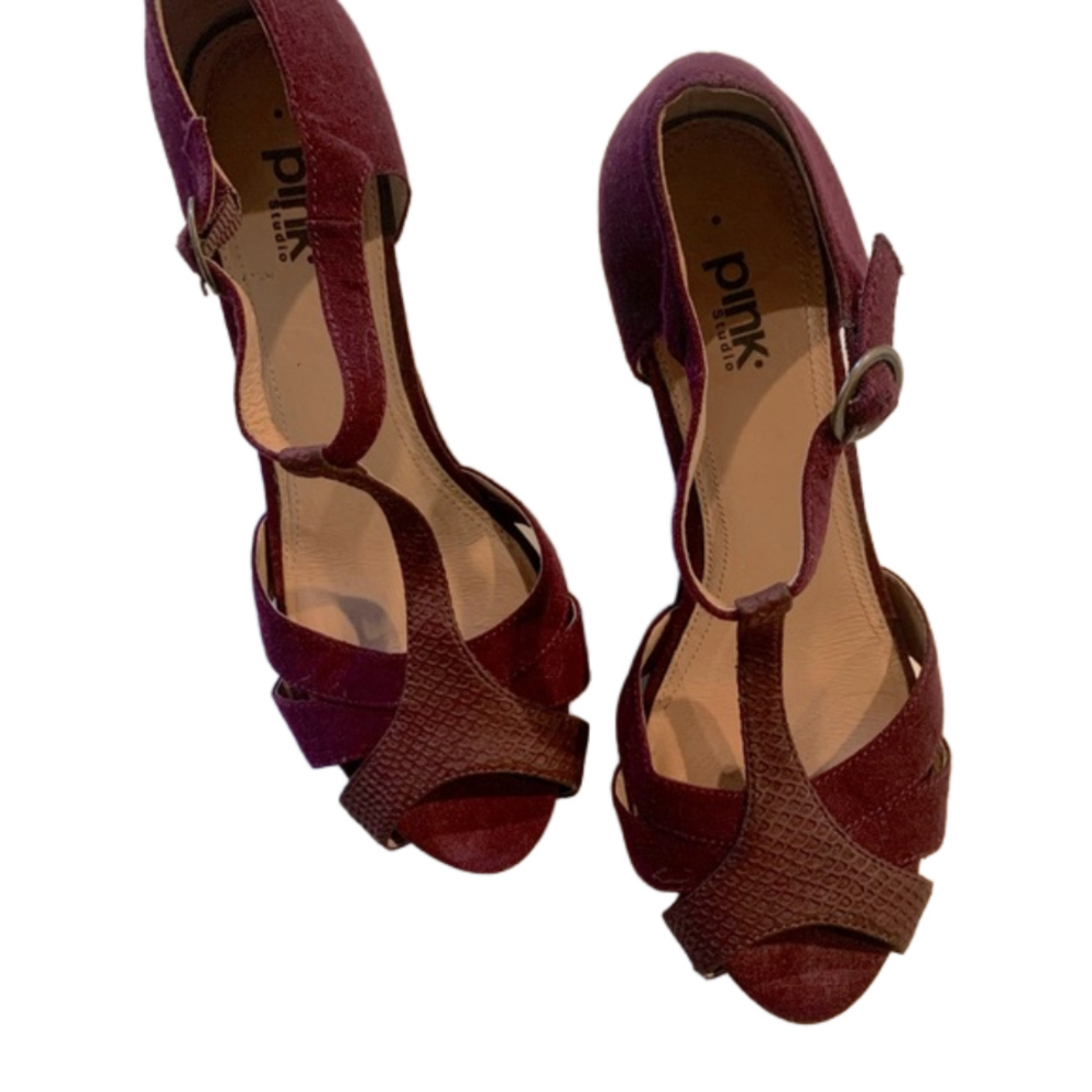 Anthropologie Pink Studio T-Strap Peep Toe Wedge Heels Purple and Brown Size 10